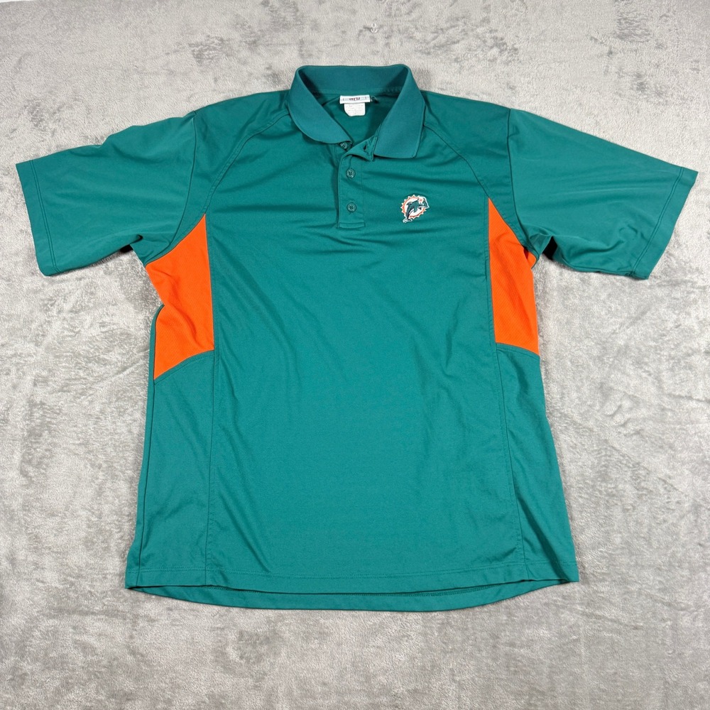 Vintage NFL Mens L Miami Dolphins Polo Shirt Teal Orange Colorblock Logo